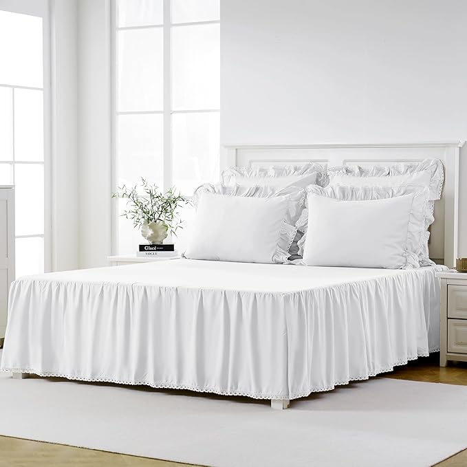 Twin Size 21" Drop - White Lightweight Cotton Bed Skirt with Crochet Trim - Dust Ruffle with Split Corner - Soft, Elegant, Breathable Bedding Accessory