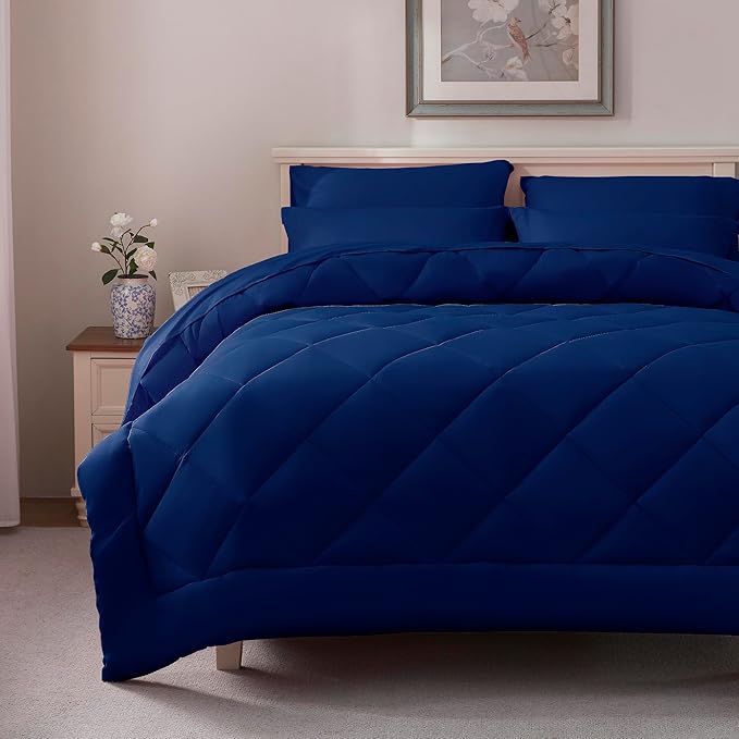 ELNIDO QUEEN® Full Size Comforter Set - 7 Pieces Navy Bed in a Bag Full, Bed Set All Seasons, Soft Bedding Sets with Dark Blue Comforter, Flat Sheet, Fitted Sheet, Pillowcases and Pillow Shams