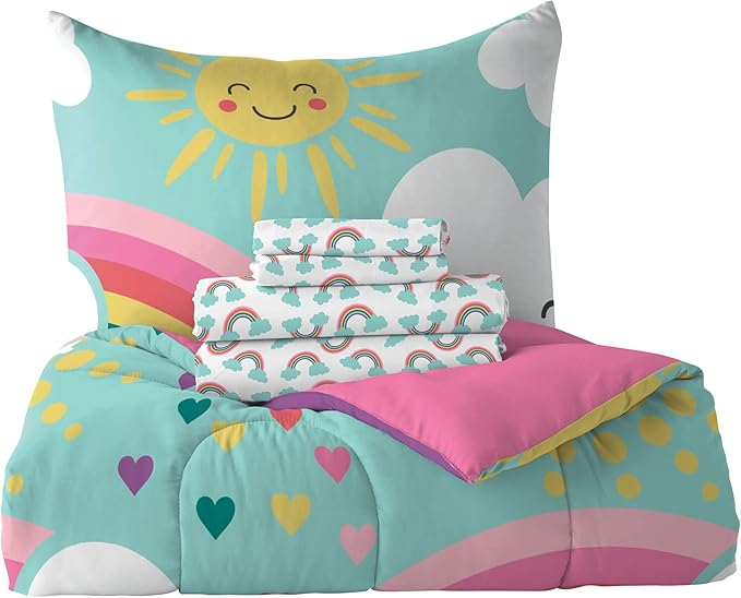 Dream Factory Kids 7-Piece Complete Bed Set Easy-Wash Super Soft Microfiber Comforter Bedding, Full, Teal Rainbow Flare, (2D872502TE)