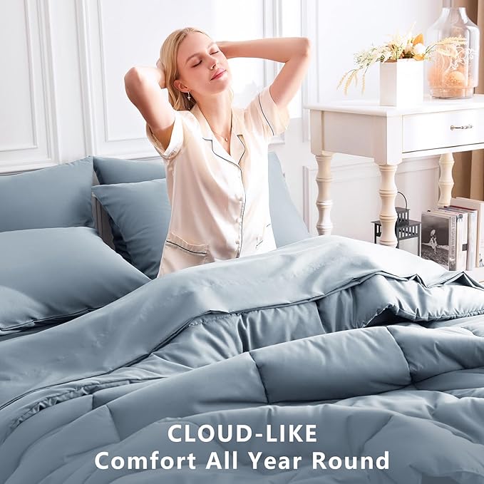 CozyLux Oversized Queen Comforter Sets Dusty Blue, 7 Pieces Bed in a Bag, Ultra-Soft All Season Bedding Sets with Stitch Quilted Comforter, Flat Sheet, Fitted Sheet, Pillowcases, Grayish Blue