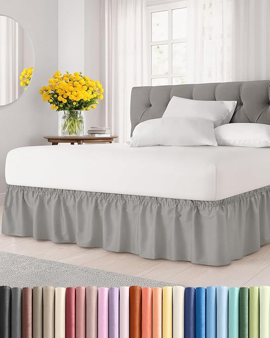 Wrap Around Dust Ruffle Bed Skirt - Light Grey - for King Size Beds with 12 Inch Drop - Elastic Strap - Adjustable Pleated Bedskirt with Brushed Fabric and Wrinkle Free - for Women, Men, Kids & Teens