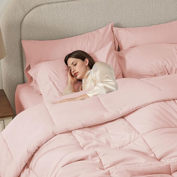 Anluoer Twin Size Bed in a Bag 5 Pieces, Pink Bed Comforter Set with Sheets, All Season Bedding Sets with 1 Comforter, 1 Pillow Sham, 1 Pillowcase, 1 Flat Sheet, 1 Fitted Sheet