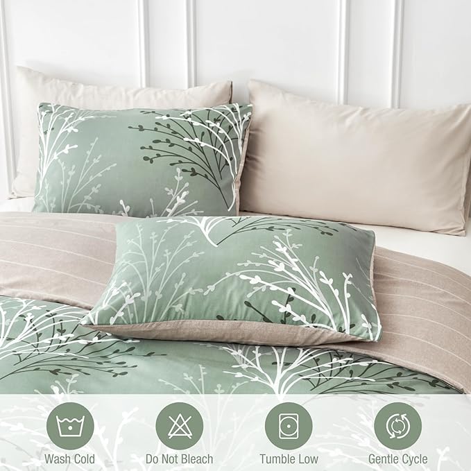 Lekesky Green Duvet Cover King Size, Reversible Floral King Comforter Cover with Branch Pattern, Soft 100% Washed Microfiber 3 Pieces Green Bedding Set with Zipper and 2 Pillowcases 20"x36"