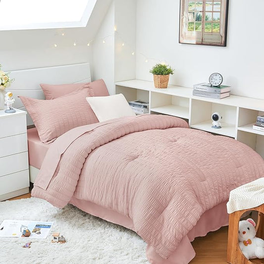 HYMOKEGE Rose Gold Twin XLComforter Set Seersucker 5 Pieces, All Season Luxury Bed in a Bag for Bedroom, Bedding Set with Comforter, Sheets, Pillowcase & Sham