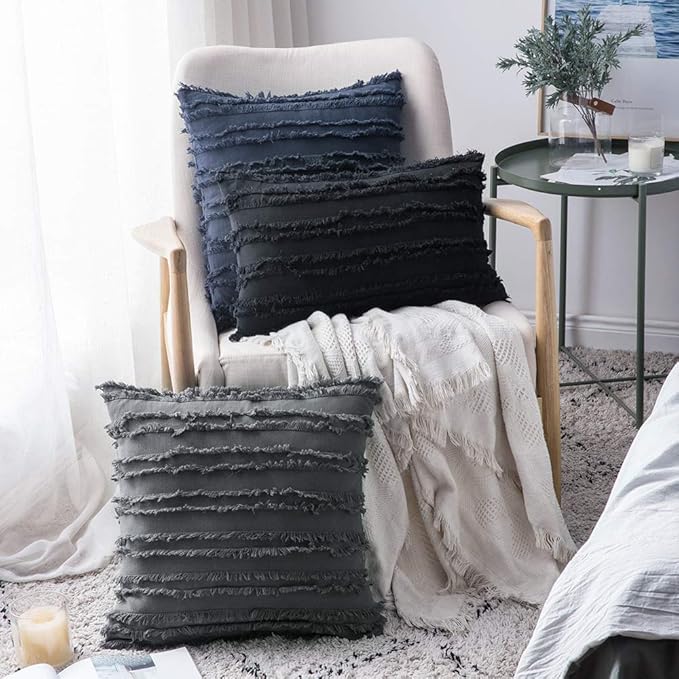 MIULEE Set of 2 Decorative Boho Throw Pillow Covers Linen Striped Jacquard Pattern Cushion Covers for Sofa Couch Living Room Bedroom 20x20 Inch Dark Grey