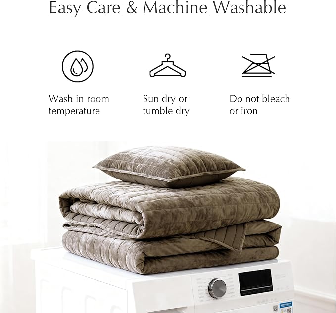 WRENSONGE Velvet King Size Quilt Set-3 Pieces Taupe Oatmeal Luxurious Velvet Striped Channel Comforter with 2 Shams, Soft Bedspread Coverlet Quilted Bedding Set for All Season