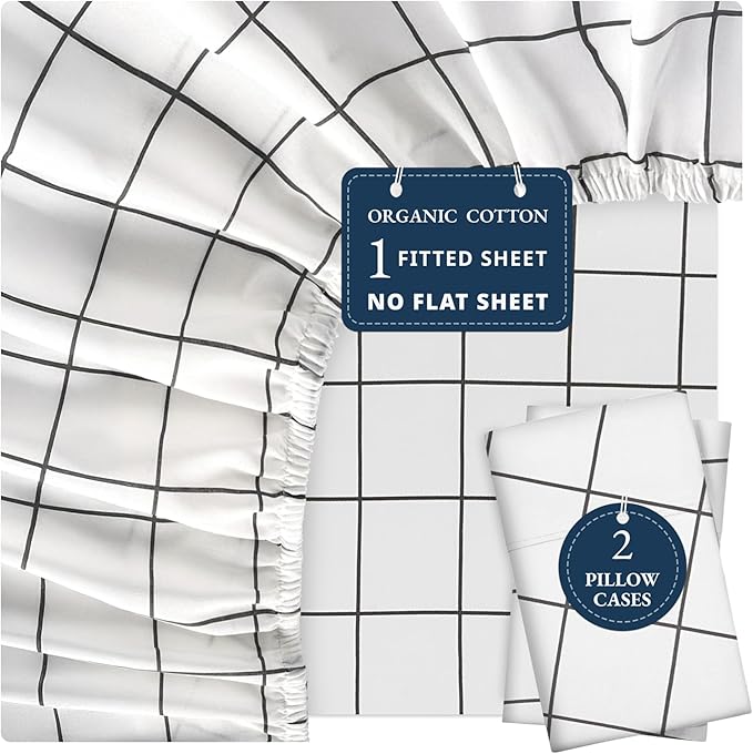 LANE LINEN Fitted Sheet Full Size, 100% Organic Cotton, 3Pc Set (1 Fitted Sheet, 2 Pillowcases) Percale Weave, Bed Fitted Sheets, Breathable, Fits Mattress Upto 15" Deep - Windowpane(No Flat Sheet)