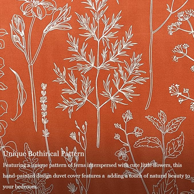 Lekesky Floral Duvet Cover Queen Size, Burnt Orange Queen Duvet Cover Plant Flowers Pattern Bedding Set for All Season, Soft Breathable Duvet Cover with Zipper Closure & Corner Ties