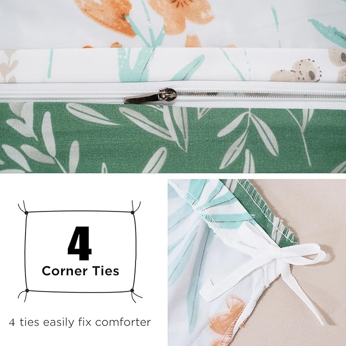 White Green Floral Microfiber Duvet Cover Set 3Pcs King Bedding Comforter Cover Reversible Quilt Soft Bedspread Zipper Closure Tie Modern Farmhouse Boho Cottage Style Luxury Bedroom Decor Bedding
