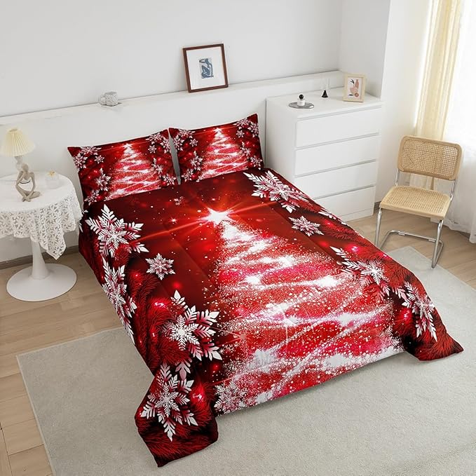 Feelyou Christmas Comforter Set Queen Size Red Christmas Tree Bedding Set Glitter Snowflake Comforter Microfiber Kids Adults Holiday Winter Duvet Quilt Xmas Room Decor