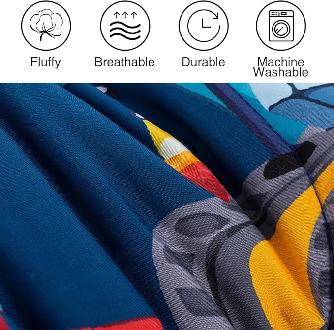 Holawakaka Trucks Tractors Cars Boy Bedding Comforter Set with Sheets, Twin Size Cartoon Construction Car Excavator Print Kids Bed in A Bag 5-Piece, Boys Reversible Dorm Bed Sets (Navy Blue Twin)