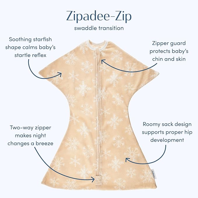 SleepingBaby Zipadee-Zip Transition Swaddle - Cozy Fleece Wearable Blanket with Two-Way Zipper for Baby Sleep - Snowflakes, X-Small (3-6 Month)