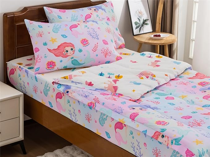NTBED Mermaid Printed Zipper Bedding Sets Twin Lightweight Microfiber Girls Kids Ocean Comforter Sets with Fitted Sheet Pillow Covers,Multi