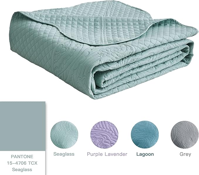 HZ & HY Oversized King Bedspread 138x122 Extra Wide, Ultrasonic Coverlet Bedding Set, Lightweight Thin Comforter, Reversible, 5 Piece, 100% Microfiber, California/Alaskan King, Seaglass