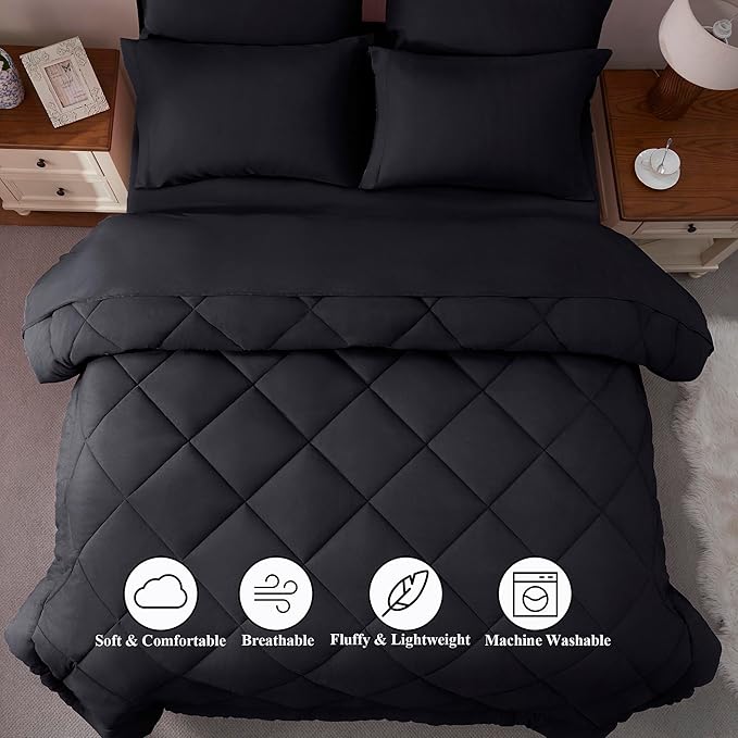 ELNIDO QUEEN® Full Comforter Set Black - 7 Pieces Bed in a Bag Full Size, Bed Set for All Seasons, Ultra Soft Bedding Sets with Comforter, Flat Sheet, Fitted Sheet, Pillowcases and Pillow Shams