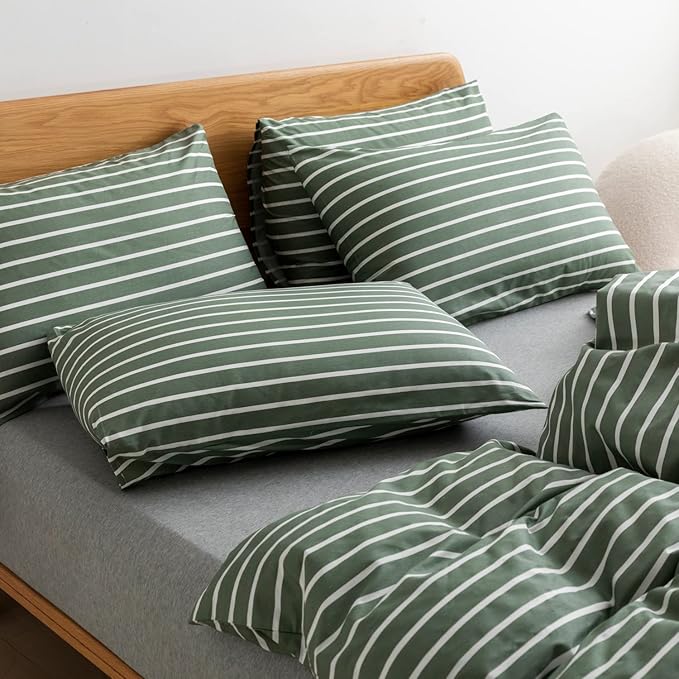 JELLYMONI Full Duvet Cover Set, Cotton Duvet Cover 3 Pieces with Zipper Closure, 1 Duvet Cover and 1 Pillowcases(Green with White Striped)