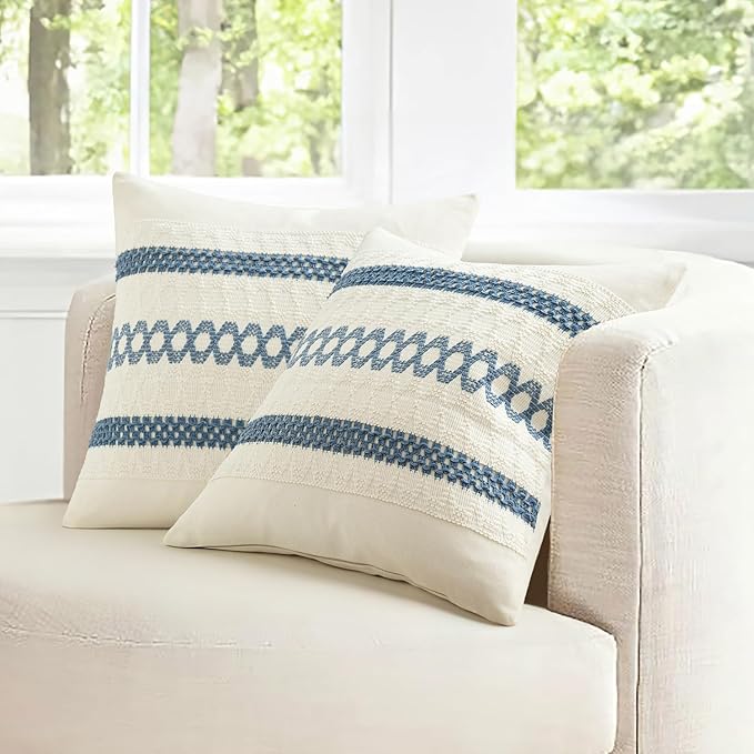 MIULEE Set of 2 Coastal Blue Boho Decorative Pillow Covers 16x16 Inch Farmhouse Rustic Couch Throw Pillows Modern Cotton Cushion Covers Retro Cute Macrame Woven Spring Home Decor for Bed Sofa Chair