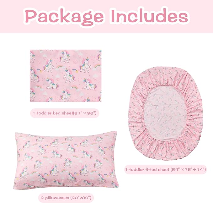 Kids Sheet Set Full Size, Full Sheet Set with Pink Unicorn Pattern，Breathable Silky Soft Microfiber Kids Fitted Sheet