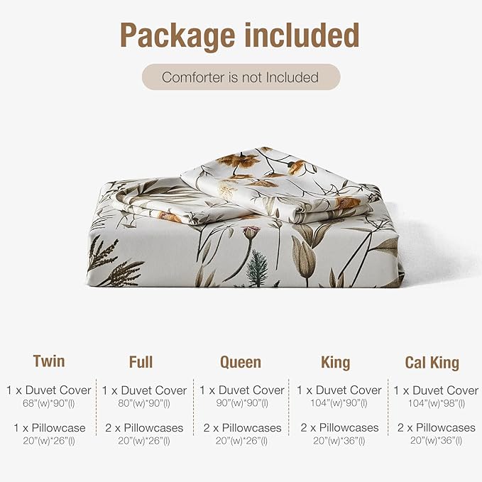 Lekesky Queen Size Duvet Cover Set, Lightweight Soft Microfiber Comforter Cover, Reversible Duvet Cover Queen with Branch Pattern, 3 Pieces Khaki Bedding Set with Zipper and 2 Pillowcases
