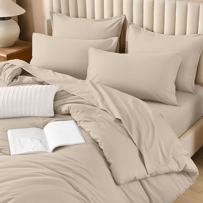 Litanika Comforter Queen Size Set Khaki - 7 Pieces Bed in a Bag Queen Bedding Comforter Sets, Plain Lightweight Bed Set with Comforter, Sheets, Pillowcases & Shams