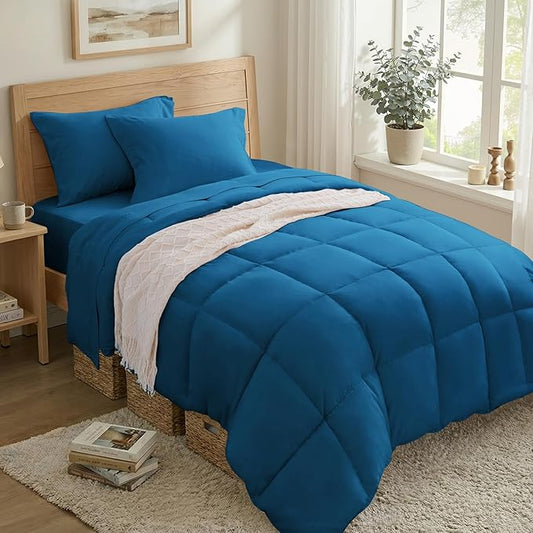 Anluoer Twin Comforter Set 5 Piece, Teal Bed in a Bag with Sheets, Comforters Twin Size Bedding Sets with 1 Comforter, 1 Pillow Shams, 1 Pillowcases, 1 Flat Sheet,1 Fitted Sheet