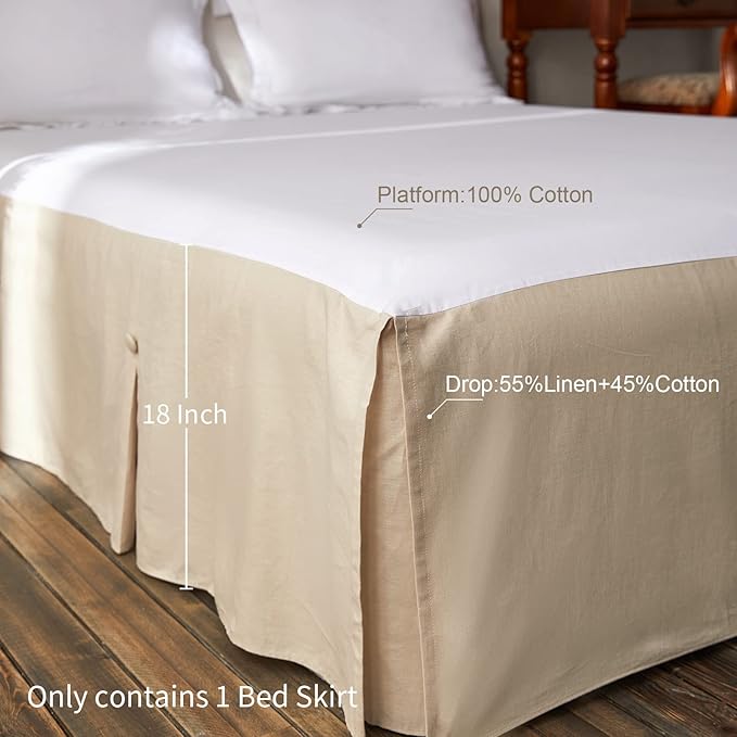 BISELINA French Linen Bed Skirt Split Corner with Button 18-Inch Tailored Drop Natural Flax Cotton Blend Basic Dust Ruffle Soft Cozy (18" King,Button Linen)