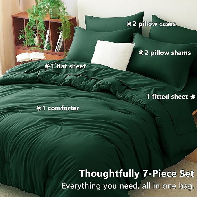 CozyLux King Comforter Set Emerald Green, 7 Pieces Bed in a Bag Bedding Comforter Set with Sheets, All Season Boho 7PC Bed Sets with Comforter, Fitted Sheets, Flat Sheets, Pillow Shams and Pillowcases