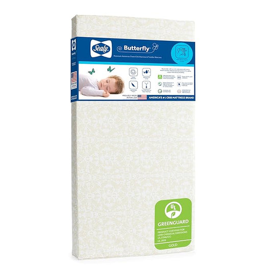 Sealy Baby Butterfly Posture Support Waterproof Crib Mattress Plus Toddler Bed Fit, Premium American Foam, Non Toxic, GREENGUARD Gold Certified, Safety & Quality Tested, Made in USA, 52"X28"