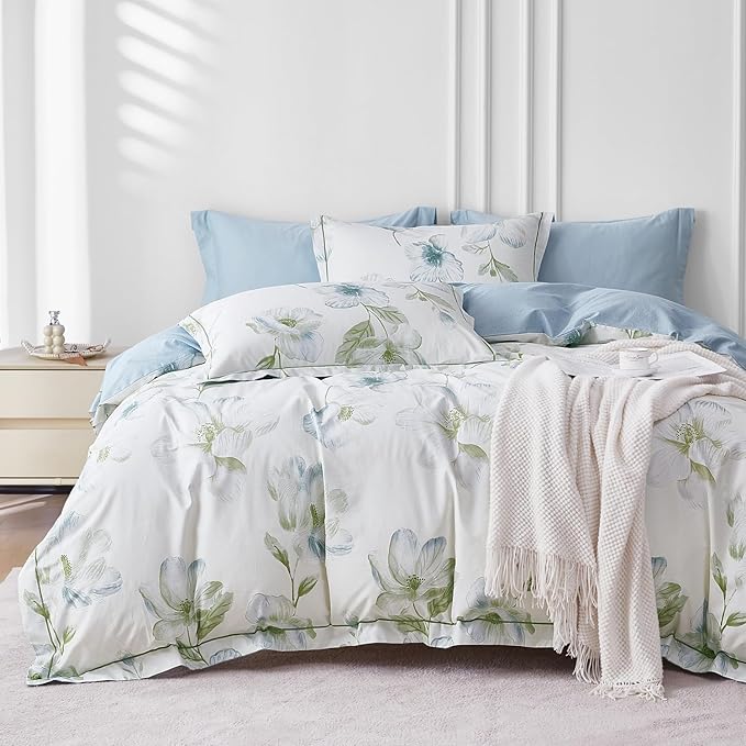 OAITE Duvet Cover Set Queen Size Floral Pattern 500 Thread Count Ultra Soft 100% Cotton Duvet Cover Sets 3-PC, Breathable Duvet Cover with Zipper Closure & Corner Ties