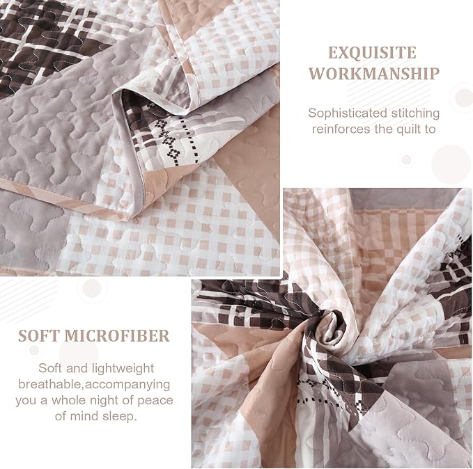 Annibedding Quilt Set Queen Size, Plaid Patchwork Bedspread Geometric Reversible Bedding Sets, 3 Piece Soft Microfiber Farmhouse Bedding Quilt Set for All Season (Queen, 96''x90'')