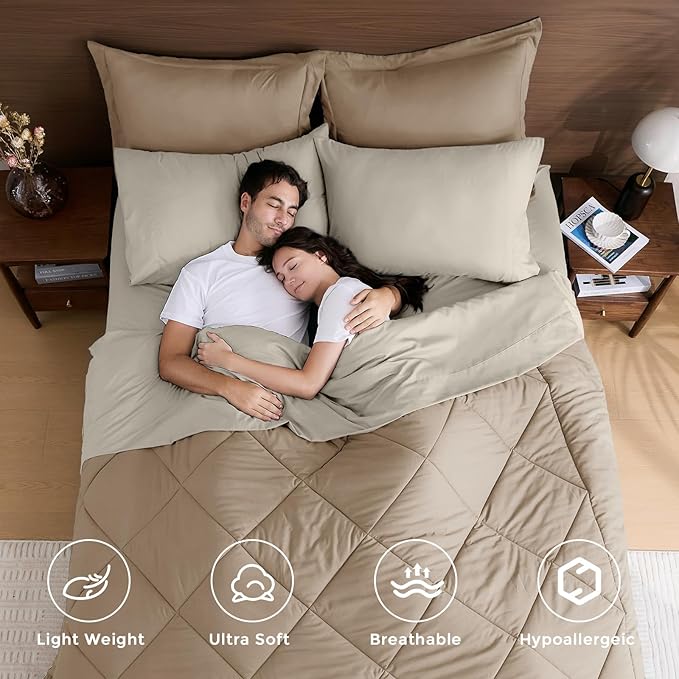 HEVUMYI Khaki & Linen Twin-XL Comforter Set - 5-Piece All Season Bed in a Bag Twin-XL, Ultra Soft Bedding Set with Comforter, Flat Sheet, Fitted Sheet, Pillowcases, Pillow Shams