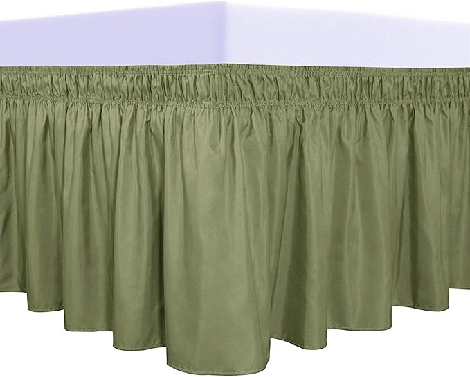 PureFit Wrap Around Ruffled Bed Skirt with Adjustable Elastic Belt - 22 Inch Drop Easy to Put On, Wrinkle Free Bedskirt Dust Ruffles, Bed Frame Cover for Queen, King and C-King Size Beds, Light Green