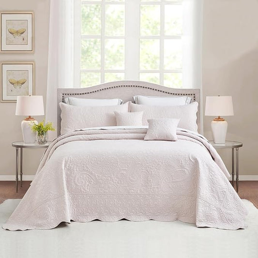 Oversized King Bedspread 128x120 Extra Wide, Ultrasonic Lightweight Bedding Cover, Paisley Pattern, Reversible, 5 Piece, 100% Microfiber, Gray Lilac