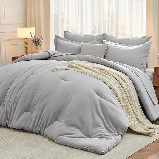 MUXHOMO 5 Pieces Twin Comforter Set, Soft Bed in a Bag Twin Size, All Season Bedding Set with Comforter, Flat Sheet, Fitted Sheet, Pillowcases & Shams, Light Grey