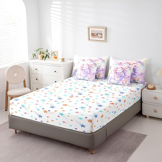 Feelyou Boys Girls Cute Axolotl 7 Pieces Bedding Sets King Size, Ocean Sealife Bed in A Bag for Cartoon Salamander Comforter Set with Sheets Kids Kawaii Teens Bed Set