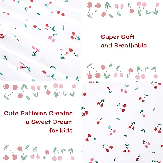 Kids Sheet Set Twin Size, Twin Sheet Set with Little Cherry Pattern，Breathable Silky Soft Microfiber Kids Fitted Sheet