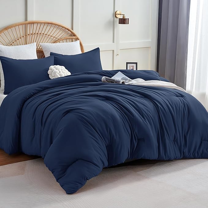 CozyLux Navy Blue Comforter Set Twin/Twin XL Size, 2 Pieces Twin Extra Long Solid Breathable Quilted Bedding Sets, Soft Luxury Bed Set with Down Alternative Comforter and 1 Pillowcase for All Season