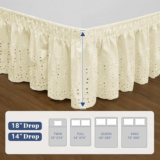 Full Bed Skirt, Wrap-Around Elastic Ruffled Eyelet Bed Skirt Full Size Dust Ruffle with Gathered Styling and Embroidered Details, 18" Drop Length (Light Yellow)