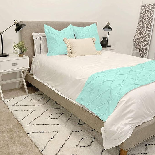 Bed Runner Set - 100% Pure Cotton 800 Thread Count - Luxury 1 Pinch Pleated Bed Runner and 4 Pillow Cover - 5 Piece Pinch Pleated Bed Runner Set California King, Aqua