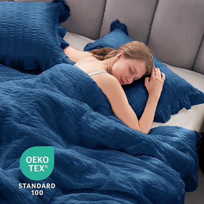 JOLLYVOGUE Teal King Comforter Set, 3 Pieces Seersucker Comforters King Size, Lightweight & Fluffy Bedding Sets King for All Season with 1 Ruffle Comforter and 2 Ruffle Pillowshams