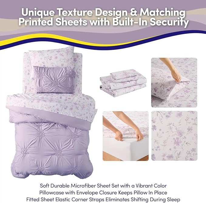 Floral Pintuck Comforter Set Twin Size – Bed in a Bag with Sheets, Pillowcases & Shams – Soft Stylish Sports Bedding – All Season Boys Basketball Bed Set