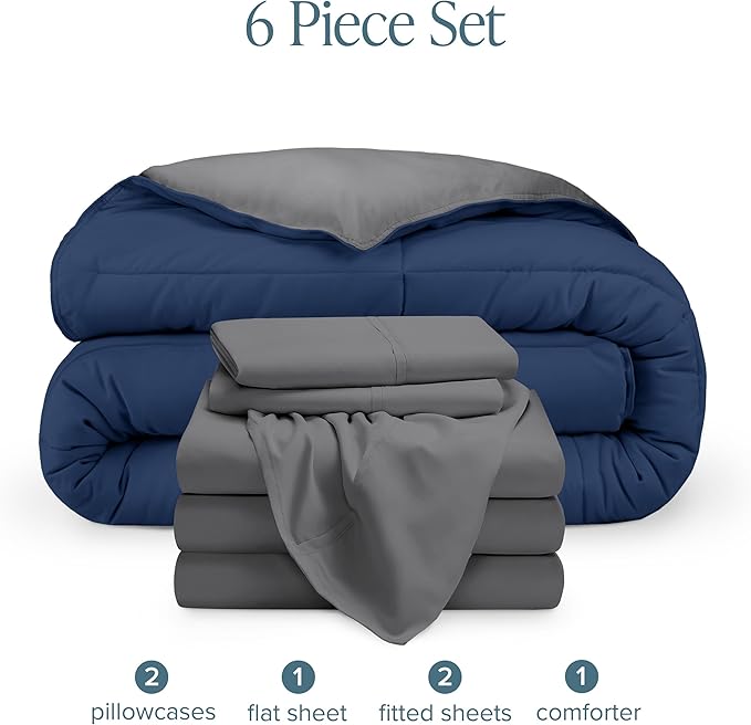 Bare Home Reversible Bed-in-A-Bag Comforter & Sheet Set - Split King - Down Alternative - Soft - Bedding Set (Split King, Dark Blue/Grey, Grey)