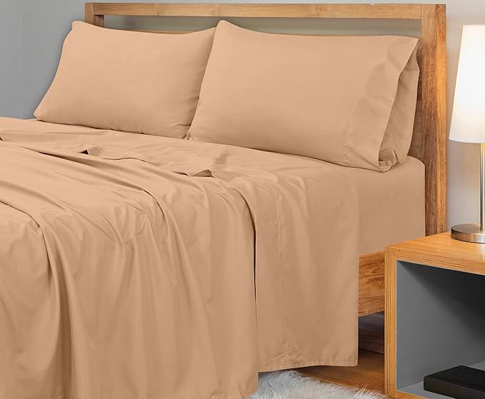 Royale Linens 300 Thread Count 100% Long Staple Combed Cotton Flat Sheet - Super Soft - Top Sheets - Full Flat Sheet Sold Separately - Breathable, Cool & Crisp Percale Sheets Only (Full, Sand)