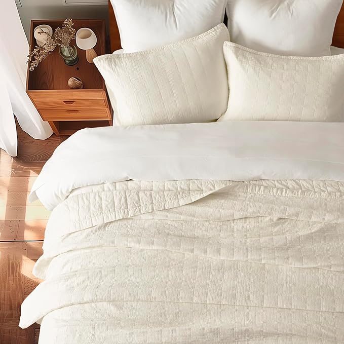 EVERGRACEHOME Stonewashed Cotton Quilt Set Full Queen Size, Ultra Soft Oversized Bedspread Coverlet Set, Lightweight Crinkle Box Stitch Bedding Sets for All Season, with 2 Shams, Ivory White