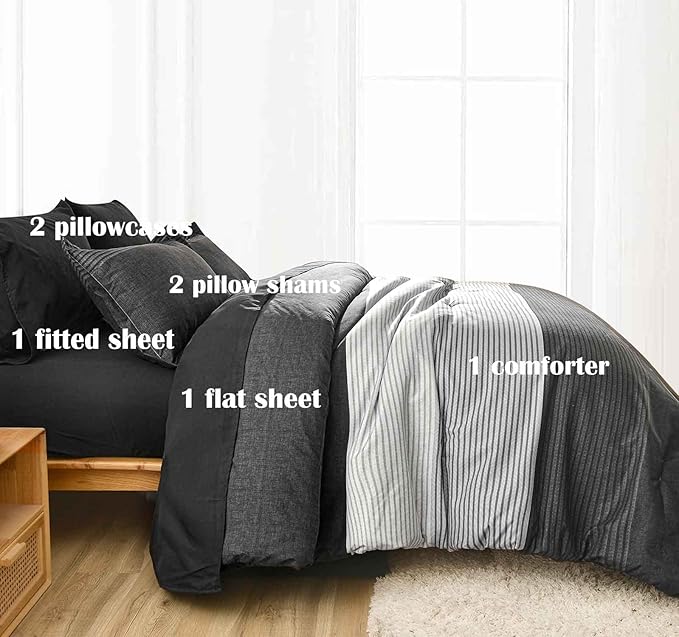 Faincy 7 Pcs Queen Size Comforter Set with Sheets, Black and Grey Patchwork Striped Pattern Printed Alternative Bed Sets - 90 x 90 Soft Microfiber Modern Bedding in a Bag for Women Men, Gray