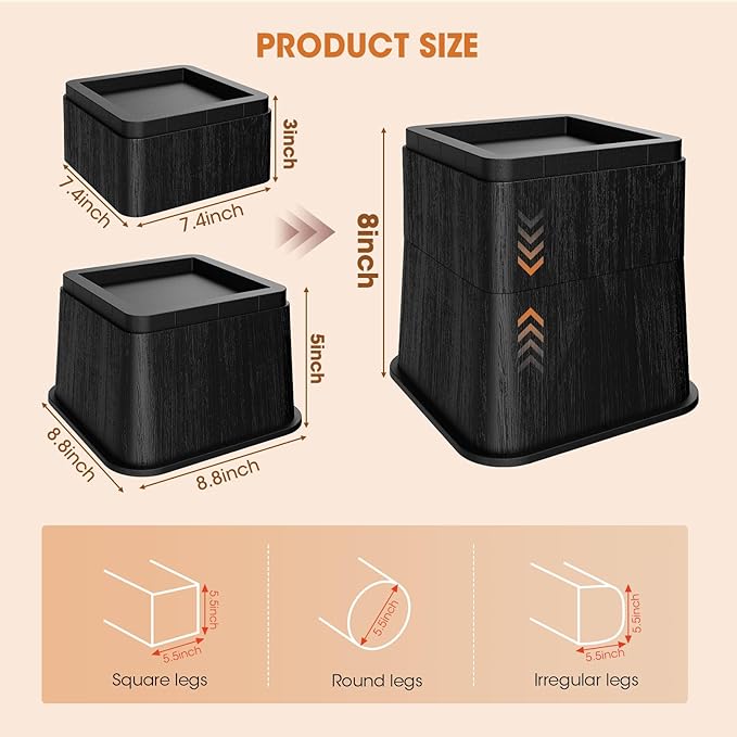 Adjustable Bed Risers,Elevation in 3, 5 or 8 Inch Heavy Duty Risers,Oversized Fit Up to 5.5" Legs, Stackable Bed Raising Blocks for College Dorm Rooms, Couches, Tables, Desks(Set of 4 Riser)