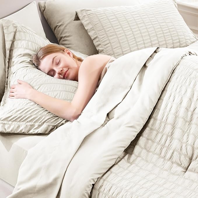 CozyLux Twin XL Comforter Set with Sheets Seersucker Beige 5 Pieces Bed in a Bag, Twin Extra Long Luxury Soft Bedding Sets for College Dorm with Down Alternative Comforter, Sheets, Pillowcases & Shams