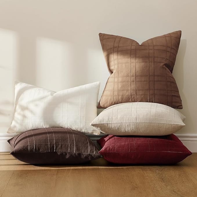 MIULEE Decorative Linen Check Euro Shams Throw Pillow Covers Neutral Farmhouse Vintage Pillow Covers 24x24 Set of 2 Boho Modern Home Decor for Sofa Couch Bedroom Cushion Burgundy