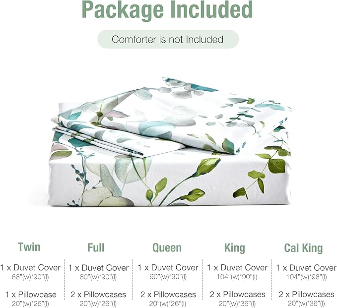 Lekesky Duvet Cover Queen Size, Reversible Botanical Floral Duvet Cover Set with Zipper Closure, 3 Pieces Soft Microfiber Green Bedding Set (1Duvet Cover 90"x90", 2 Pillowcases 20"x26")