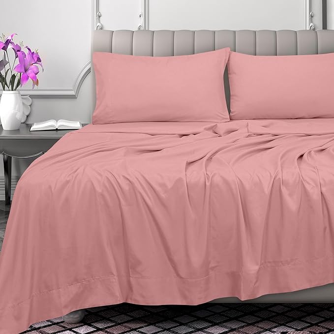Royale Linens 300 Thread Count 100% Long Staple Combed Cotton Flat Sheet - Super Soft - Top Sheets - King Flat Sheet Sold Separately - Breathable, Cool & Crisp Percale Sheets Only (King, Pink)